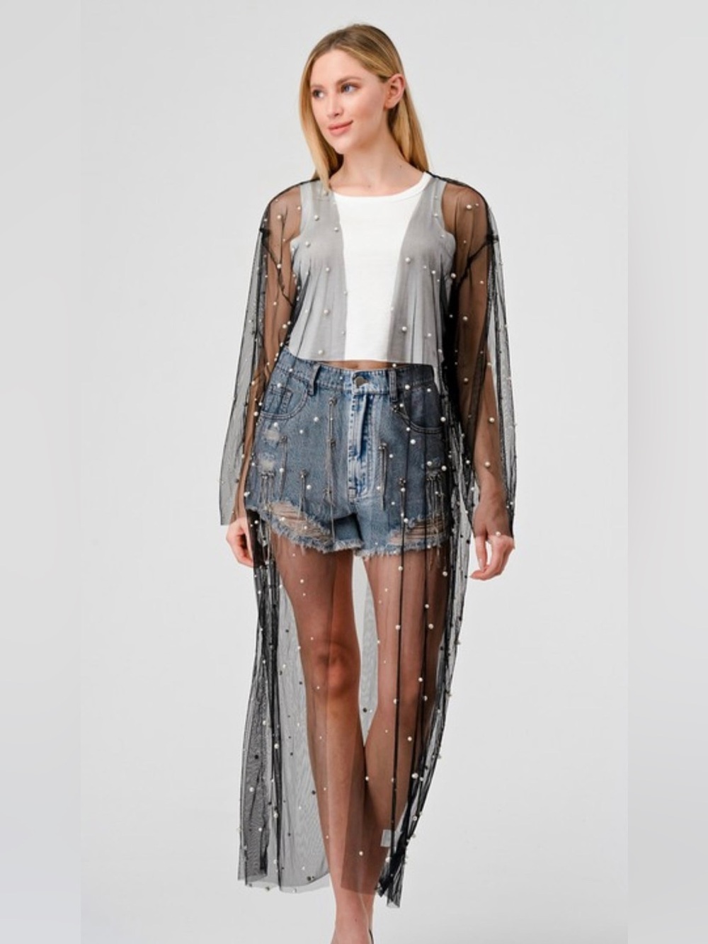 GeeGee Sheer Kimono with Pearl Accents - L